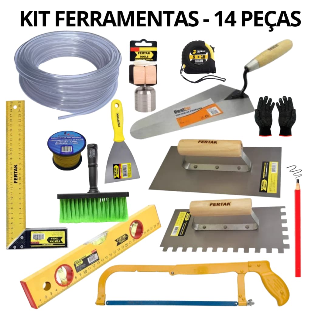 Kit 14 Ferramentas Manuais Profissionais 20 Mts Mangueira P/ Pedreiro Obras Reformas