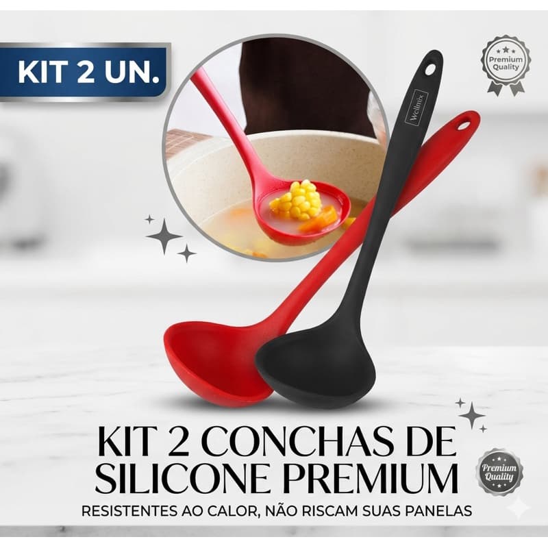 Kit 2 Conchas Silicone Cozinha Preta Utensílio Servir Sopa Molho Caldo Antiaderente Resistente Calor