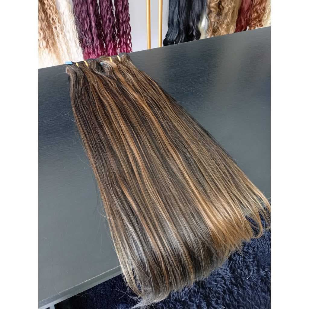 Aplique de Cabelo Europeu Semi Humano Natural Liso Morena Iluminada na Fita Adesiva 70cm