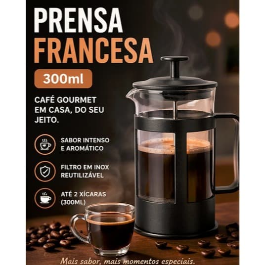 Prensa Francesa Cafeteira 300ml para Café e Chá | Vidro com Filtro Inox | Moderno | Café Gourmet e Encorpado