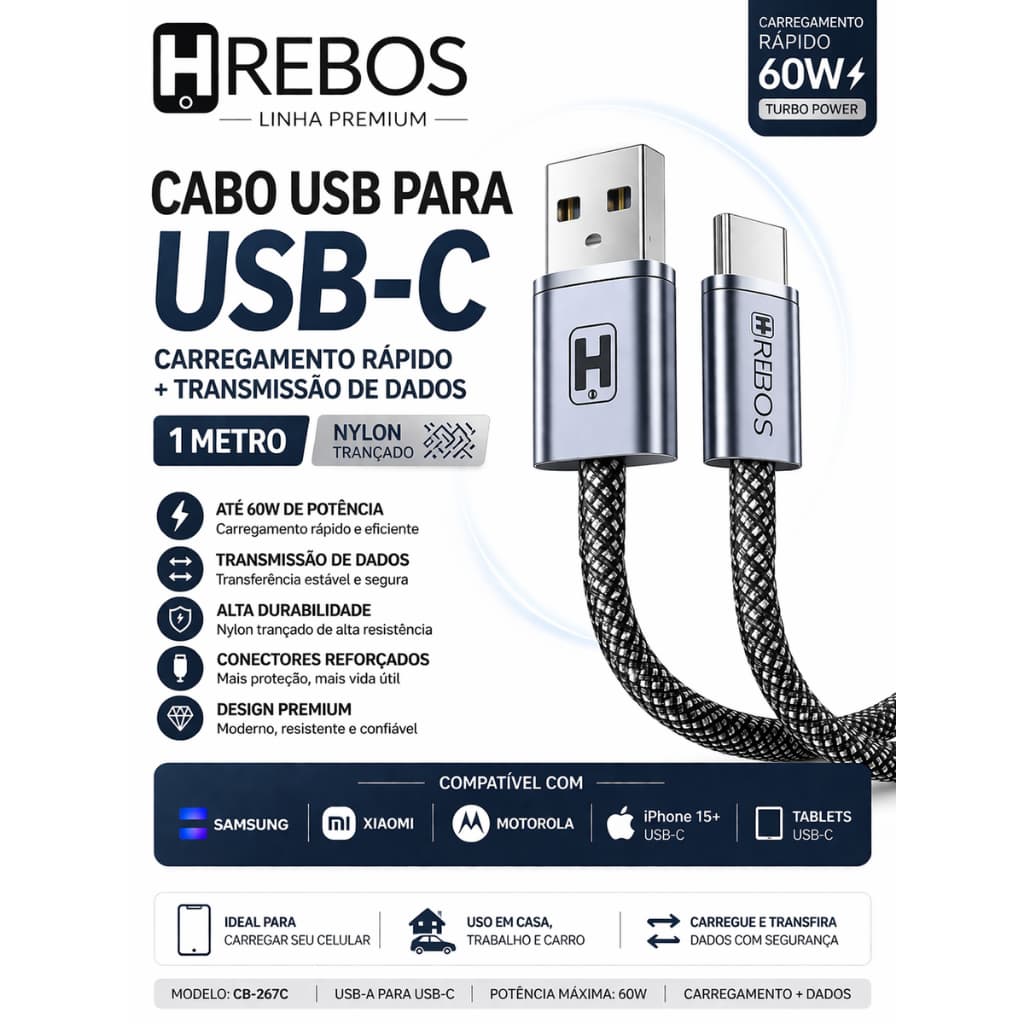 Cabo USB para USB-C 60W 1m Carregamento Rápido Nylon Trançado Preto