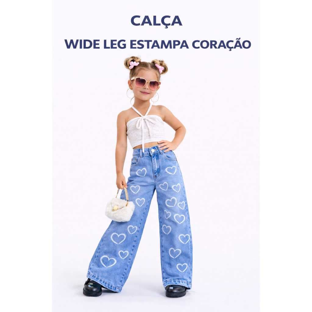 Calça Wide Leg Jeans  Infantil   Estampa Coração  menina Blogueirinha Moda Tendência 2026 Tam 2 ao 16