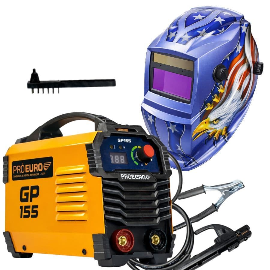 KIT Máquina de Solda GP 155A 127V Máscara Escurecimento Automático Tripla Regulagem Pró Euro