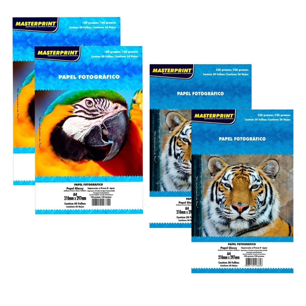 Kit Papel Fotográfico Glossy Branco Brilhante Masterprint 200 Folhas (100 Folhas de 230g + 100 Folhas de 180g)