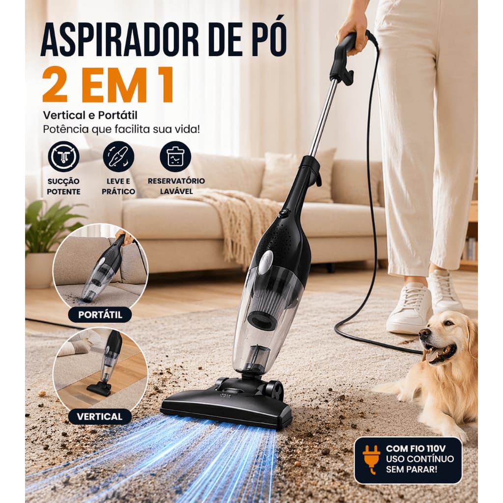 Aspirador de Pó Vertical 2 em 1 Portátil com Fio 110V | Potente, Leve, Casa, Sofá, Carro, Pelos Pet