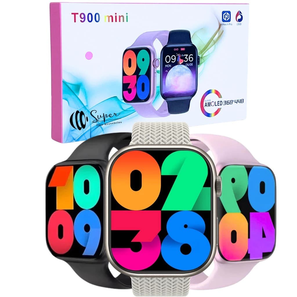 Smartwatch T900 Mini com Bluetooth e Chamadas + 3 Pulseiras Esportivo, Notificações Android e iPhone