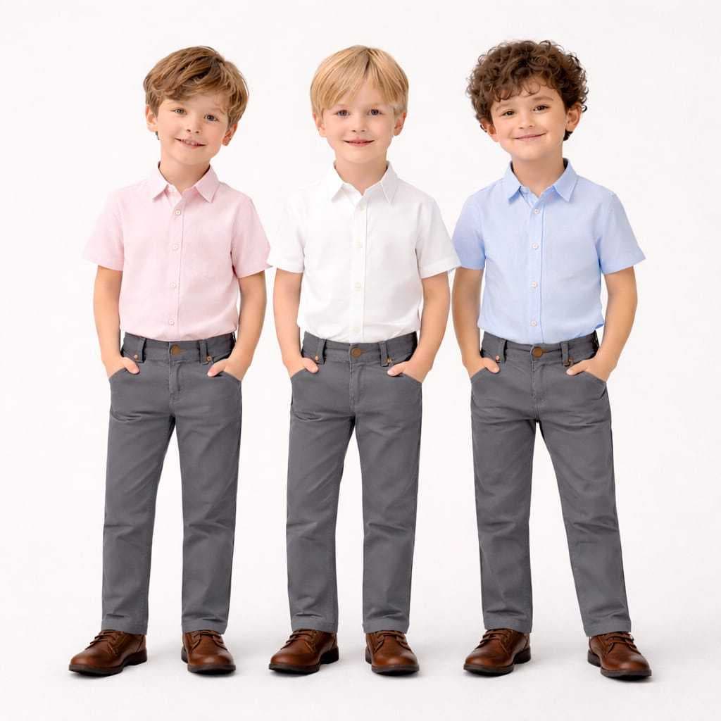 Roupa Conjunto Infantil Social Menino Camisa Manga Curta Calça Cinza Chumbo