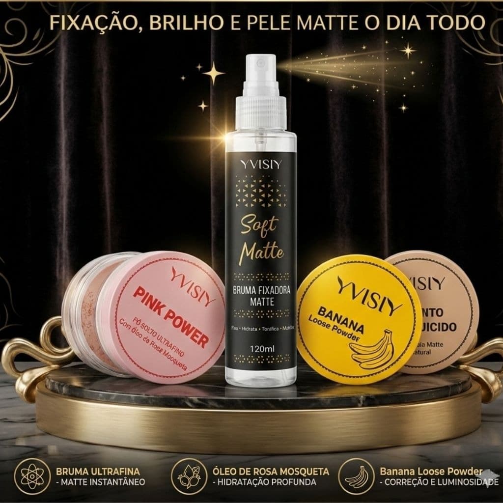 Bruma Fixadora Yvisiy + Pó Solto Banana Rosa Mosqueta Pink Power Kit para Pele Aveludada Longa Duração Soft Matte