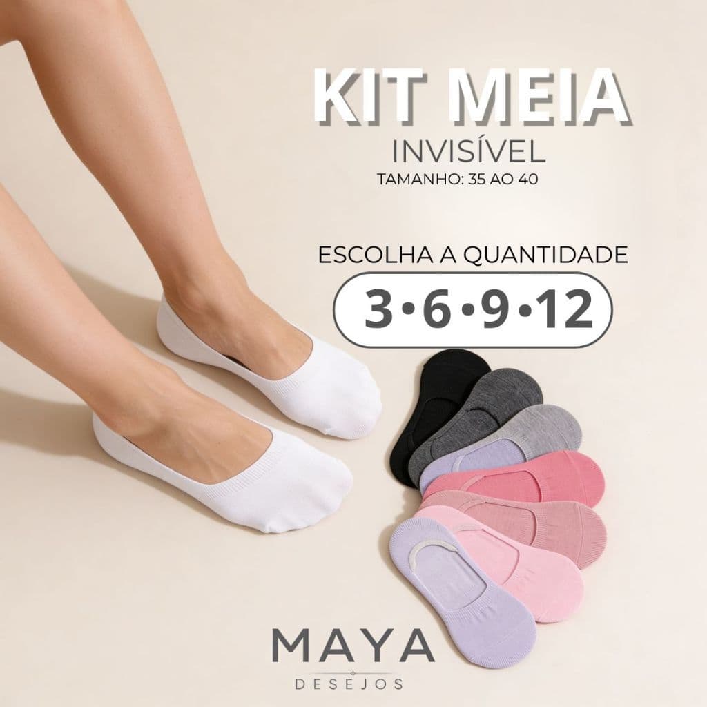 Kit Meia Sapatilha Invisível Feminina com Silicone Coloridas Dia a Dia 35 ao 40