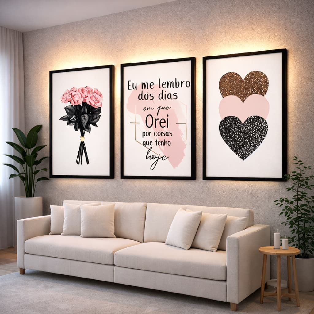 Quadros Decorativo 3 Peças Religiosos Oração Que Orei Rosa Quarto Sala