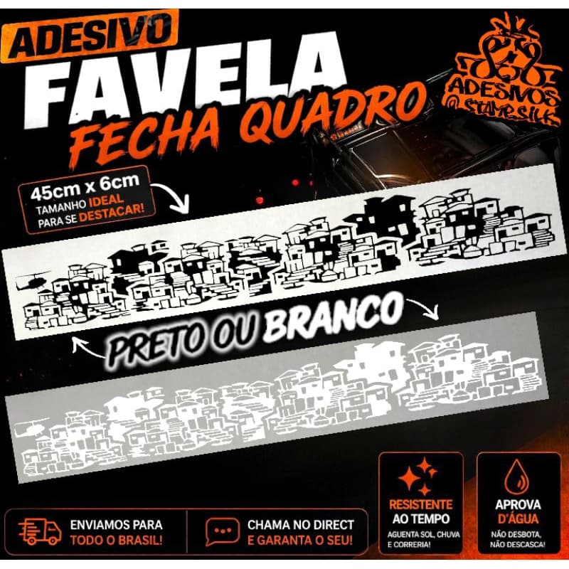 Adesivo Favela Fecha Quadro 🚀 45x6cm Vinil Recorte | Bike | À Prova D’Água