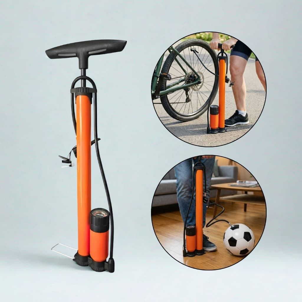 Bomba de Ar Duplo Cilindro c/ Manômetro – Inflador, Manual, Portátil, Bicicletas, Carros e Bolas