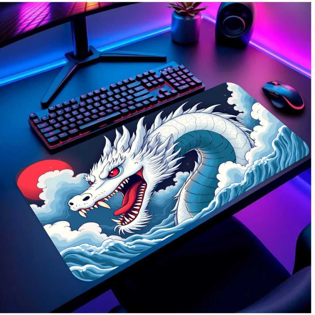 mouse pad dragão branco profissional antiderrapante com borda costurada