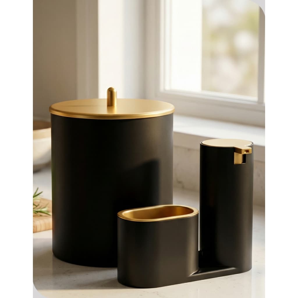 Kit Pia Cozinha Lixeira 5L E Dispenser Detergente Arthi Preto Dourado Luxo Suporte Bucha Organizador