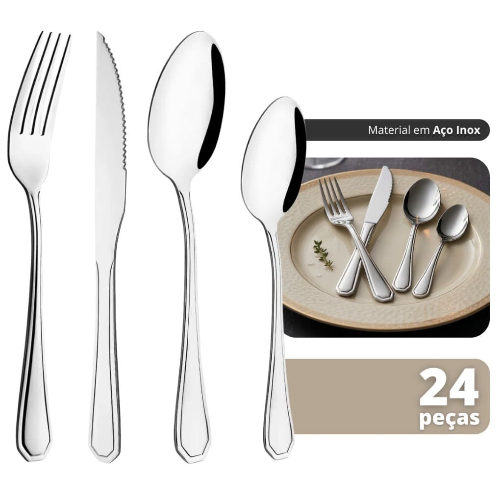 Faqueiro Jogo De Talheres 24 Peças Aço Inox Garfo Faca Colher Para Mesa Cozinha Faqueiro Premium