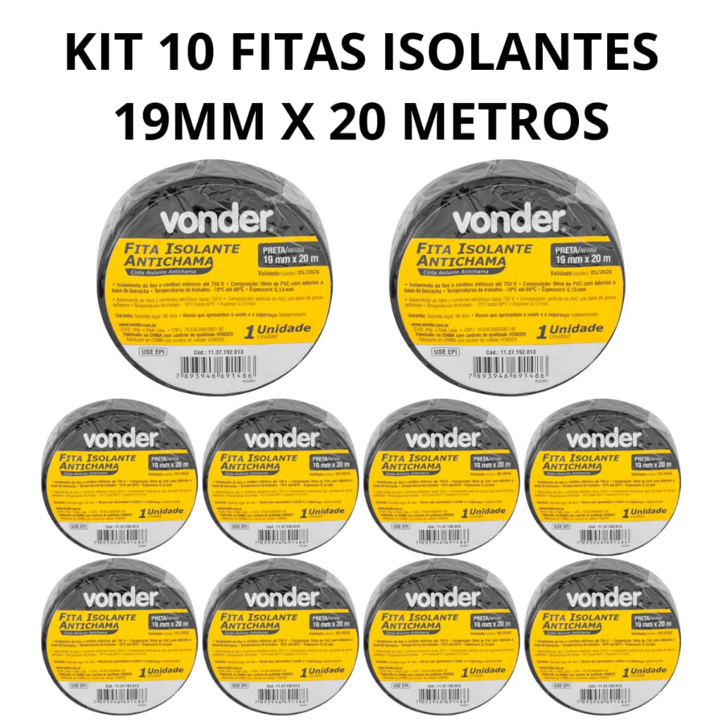 Kit 10 fita isolante Vonder 20metros antichama