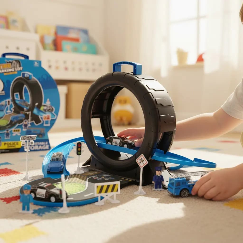 Pista com 2 Carrinhos Brinquedo Infantil Maleta Transportar Educativa Acessórios Policia Bombeiro
