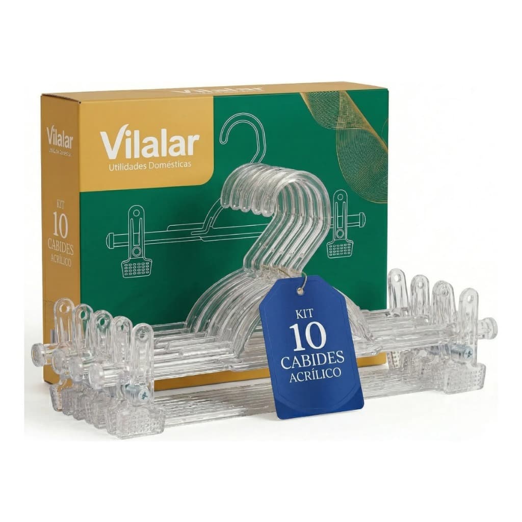 Kit 10 Cabides Acrílico Cristal Presilha Saia Calça Bermuda Premium Adulto com Presilhas
