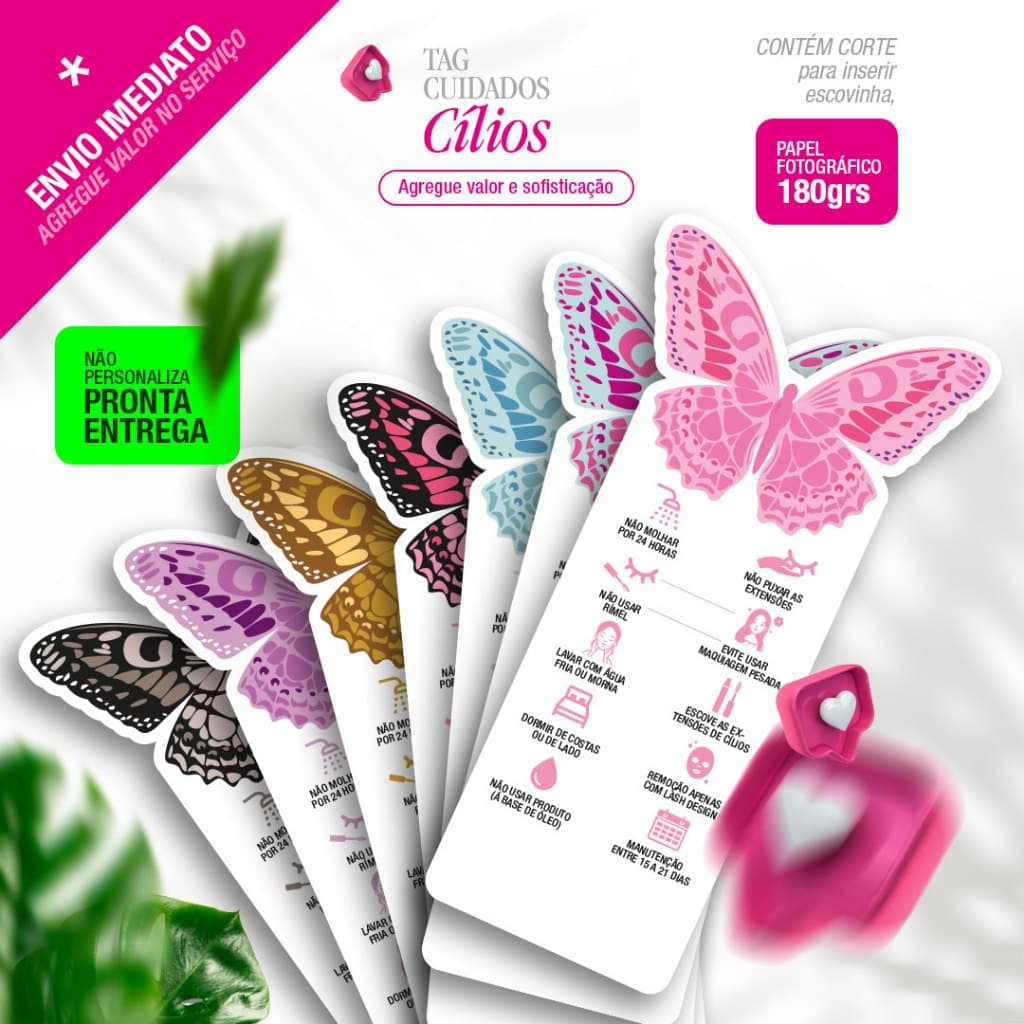 TAG Cartão PRONTA ENTREGA Borboleta Cuidados Cílios para escovinha Lash Design Sobrancelhas Henna Brow Studio