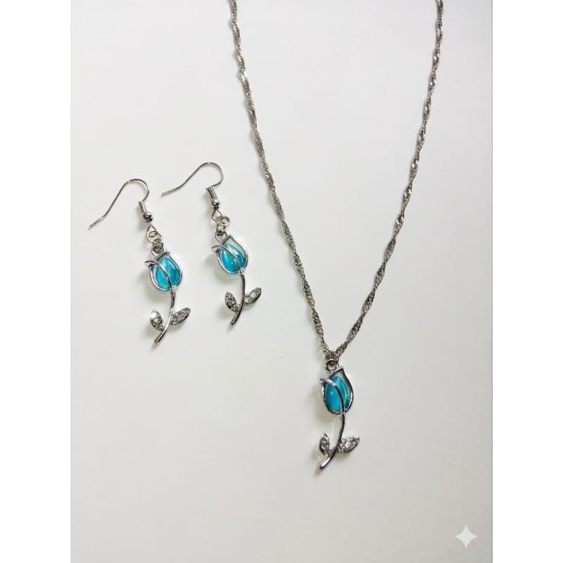 🌷 Conjunto Colar e Brincos Tulipa Garden Azul - Elegância e Brilho