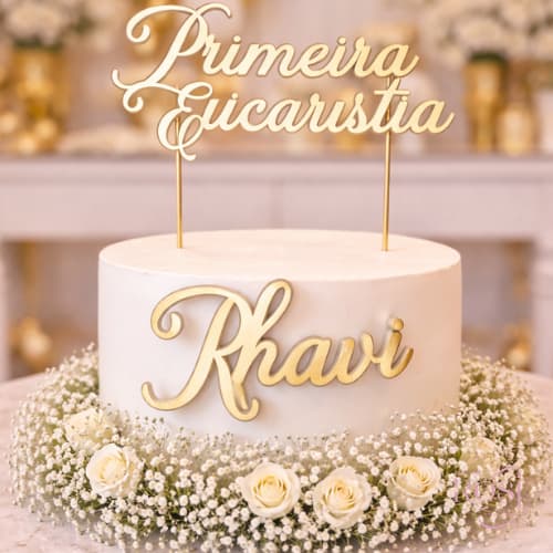 Topo de Bolo Primeira Eucaristia Personalizado com Nome | 3D em Lamicote Dourado | Decoração Batizado| Primeira Comunhão