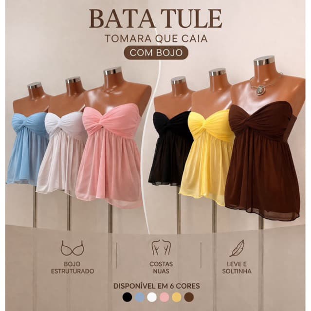 Bata Tomara que Caia com Bojo Tule | Blusa Babydoll Moda Gringa Leve e Sofisticada Soltinha Tendência Verão Europeu