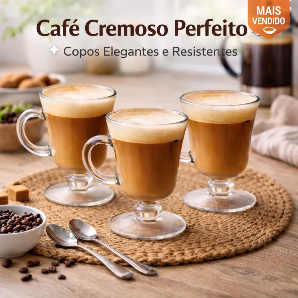 Conjunto 3 Canecas Vidro Cappuccino 250ml Elegante Duravel Vidro Transparente