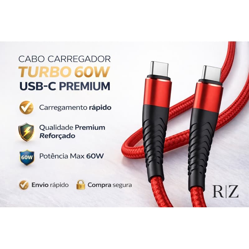 Cabo USB-C 60W Turbo Carregamento Rápido Tipo C Nylon Reforçado Dados Android iPhone