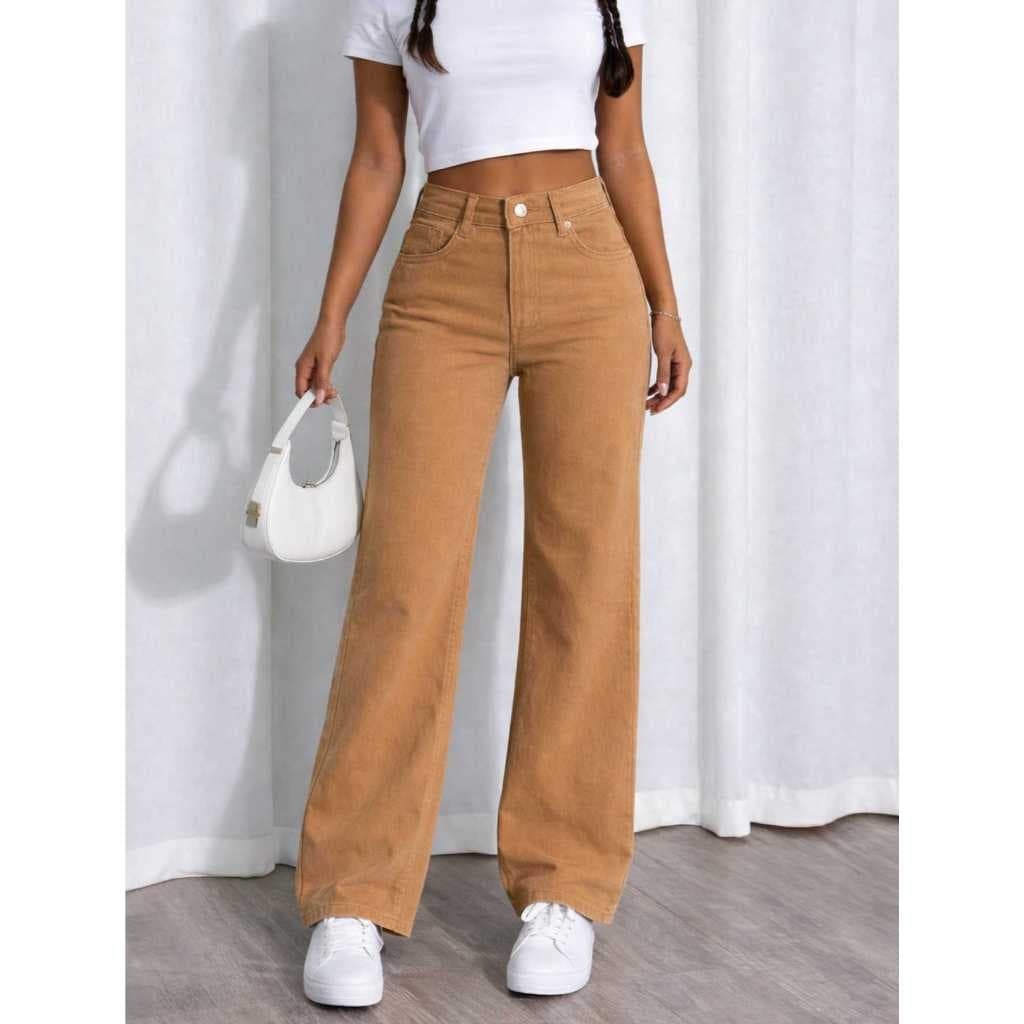 Calça Jeans Feminina Wide Leg Caramelo Cintura Alta Reta Solta Casual Moda Streetwear