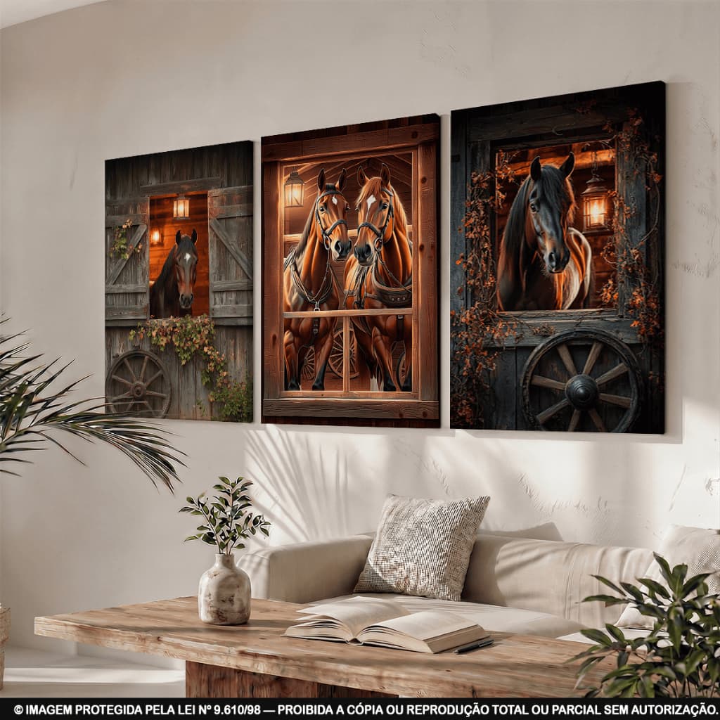 Quadros Decorativos Cavalos Fazenda Rústico Madeira Iluminação Quente Kit 3 Peças