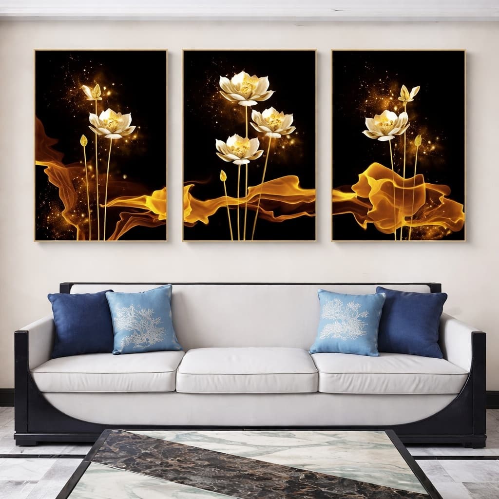Trio Quadro Decorativo Flor Branca Dourada Decoração 3 pçs Sala Quarto Marmore