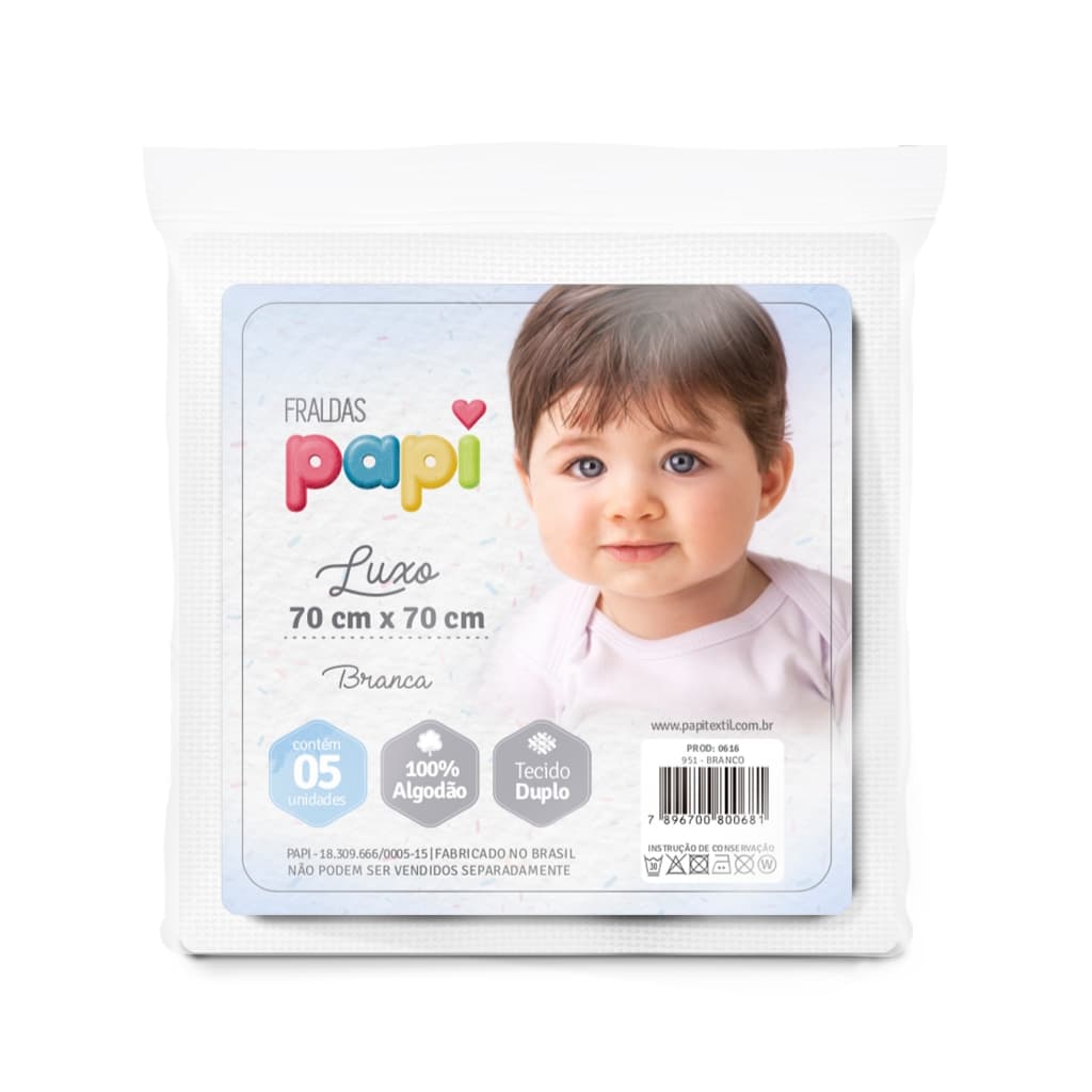 kit Fralda de pano Papi Luxo Branca 70x70 cm 100% algodão com 5 unidades! Ideal para o dia a dia.