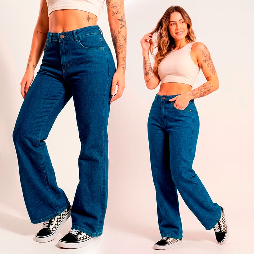 Calça Wide Leg Feminina Jeans de Cintura Alta Estilosa Street Style 501516