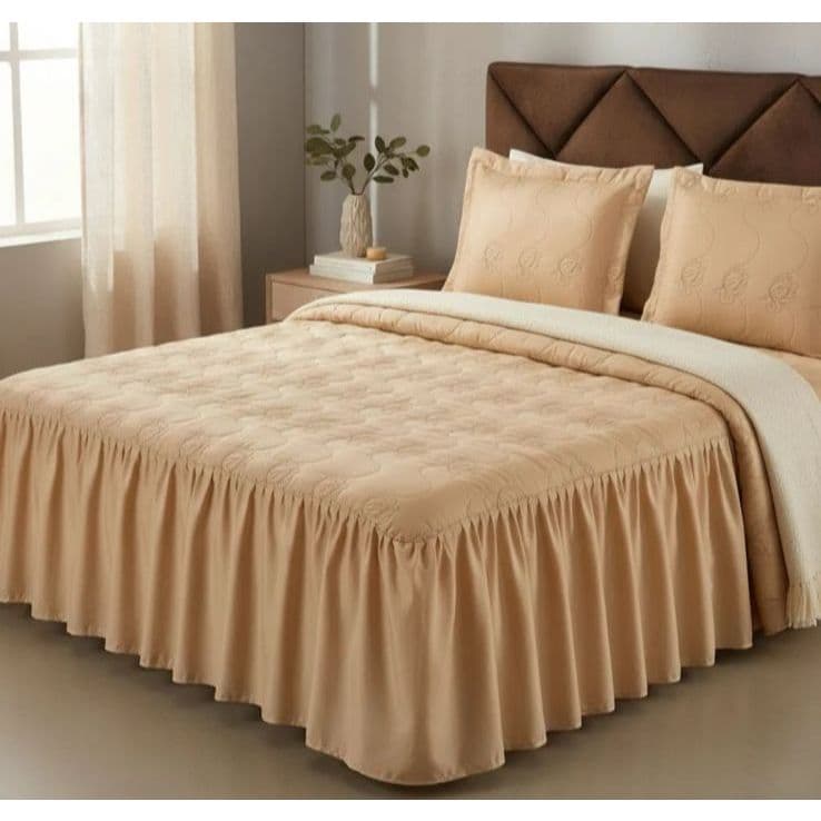 Colcha Bordada Casal Padrão 3 Peças Caqui Luxo Macia Confortável Kit Cobre Leito Promoção Envio Rápido