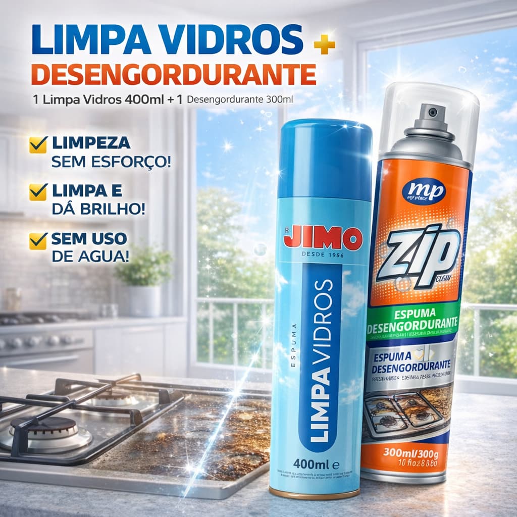 Kit Jimo Limpa Vidros + Zip Desengordurante Multiuso Removedor Gordura Vidros Fogão Forno Blindex