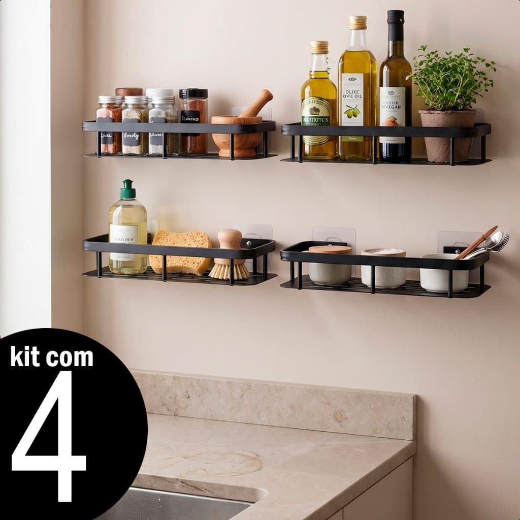 Prateleira Nicho Organizador Parede Adesivo Banheiro Cozinha Metal Aço Inox Sem Furo Kit 4
