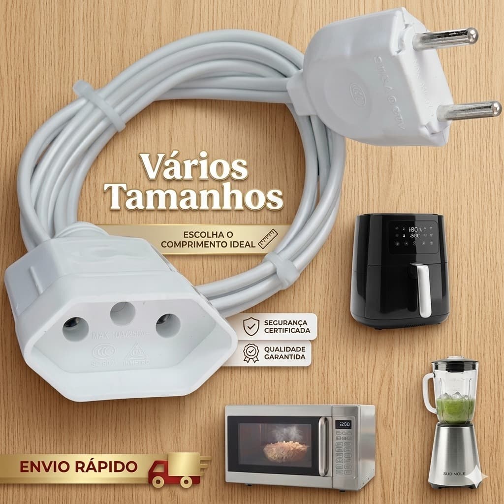 Extensão Branca 25cm/50cm/1m/3m Cabo Grosso PP 2x1,5 Reforçado | 10A Bivolt 110/220v