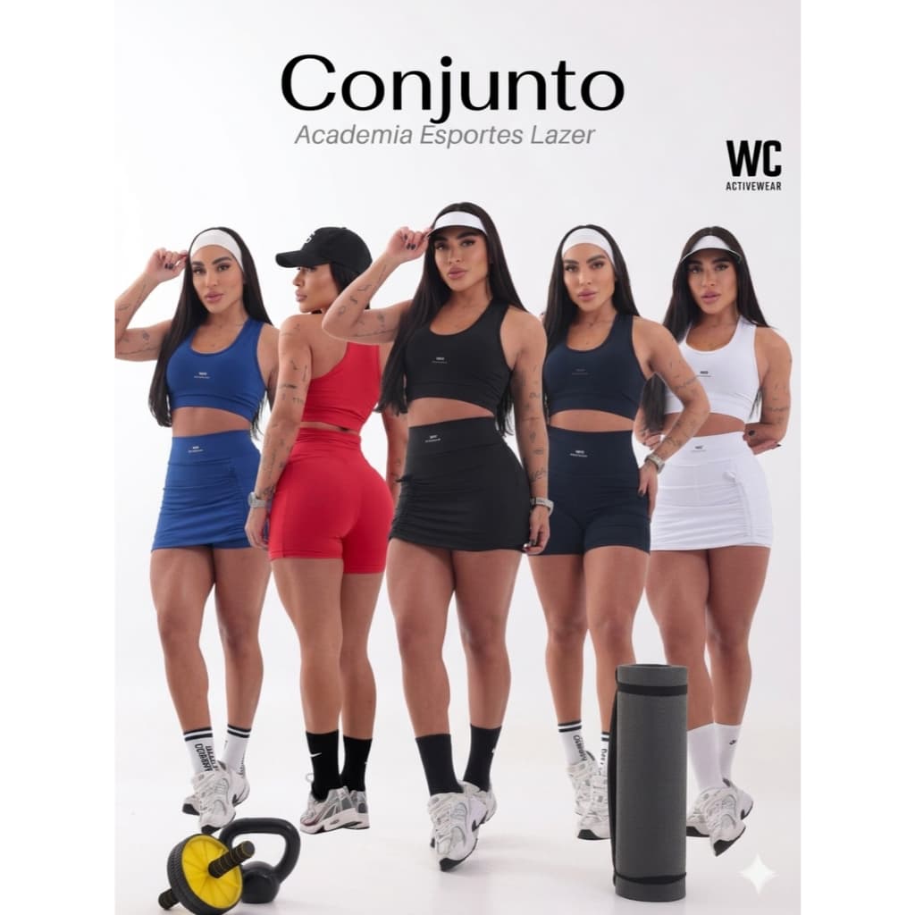 Conjunto Academia Feminino Short Saia e Top Fitness Cintura Alta Suplex Premium em Diversas Cores
