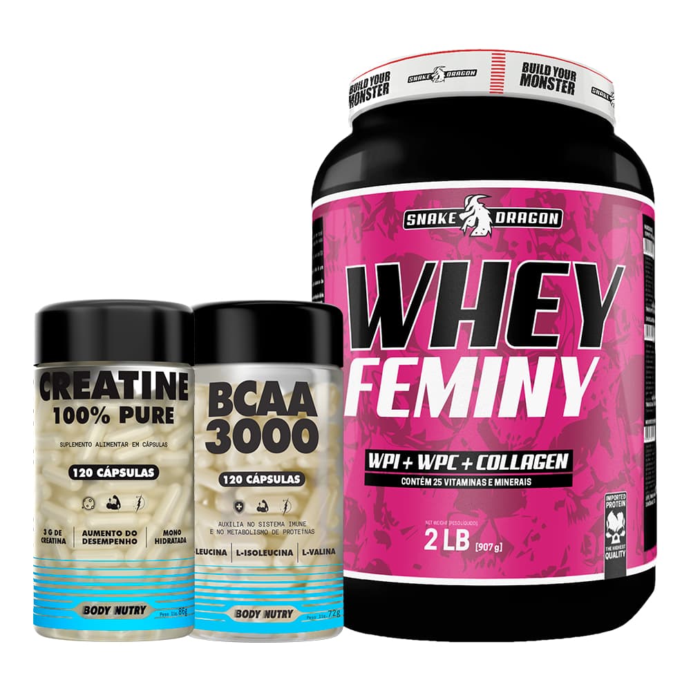 Kit Suplemento Feminino - Whey Protein Isolado, 900g + Creatina 100% Pura 120c + BCAA 3000 120c