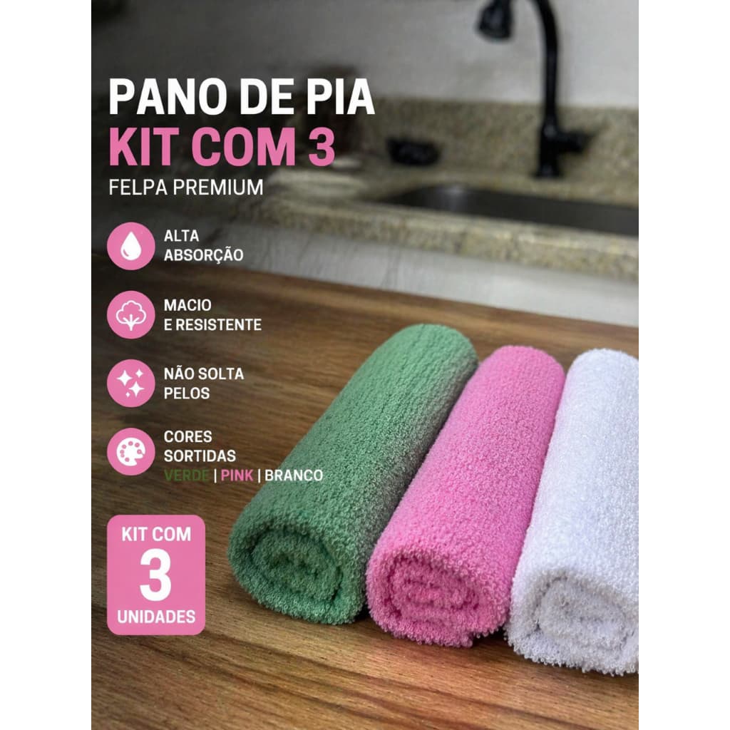 KIT PANO DE PIA FELPA PREMIUM C/3 - SUPER ABSORVENTE - CORES SORTIDAS