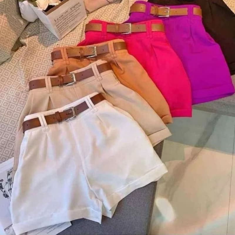 Short Alfaiataria Feminino Social Cintura Alta Com Cinto Com Bolso PROMOÇÃO