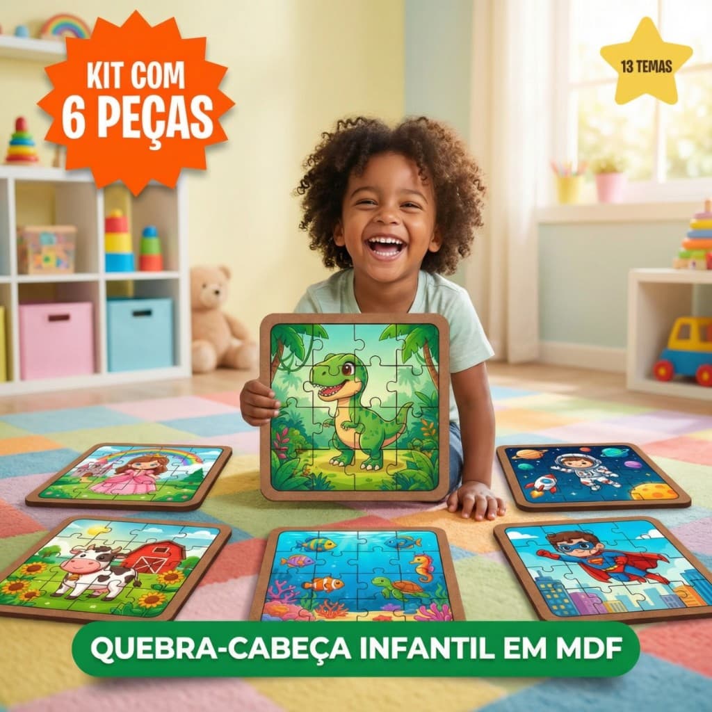 Kit 6 Jogos Quebra Cabeça Animais Safari Infantil em madeira Mdf 16 peças