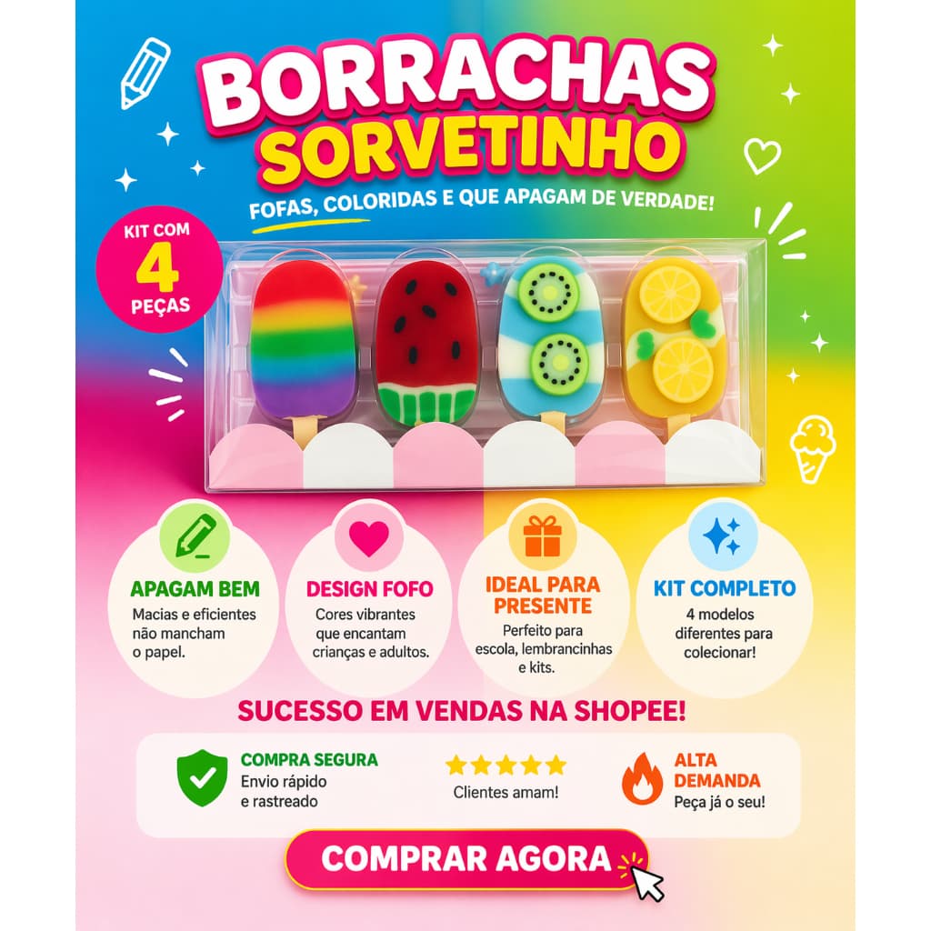Kit 4 Borrachas Divertidas Sorvete Frutas Coloridas Escolar Infantil Fofa  🔥 Título 5 (SEO forte)