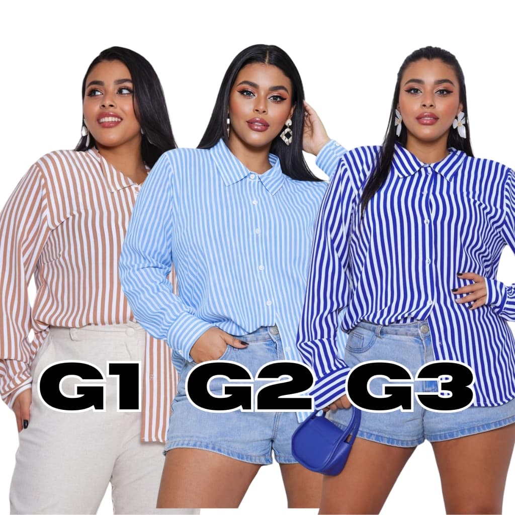 Camisa Listrada Plus Size Feminina G1 G2 G3 Tecido Duna Manga Longa Confortável Elegante Versatil
