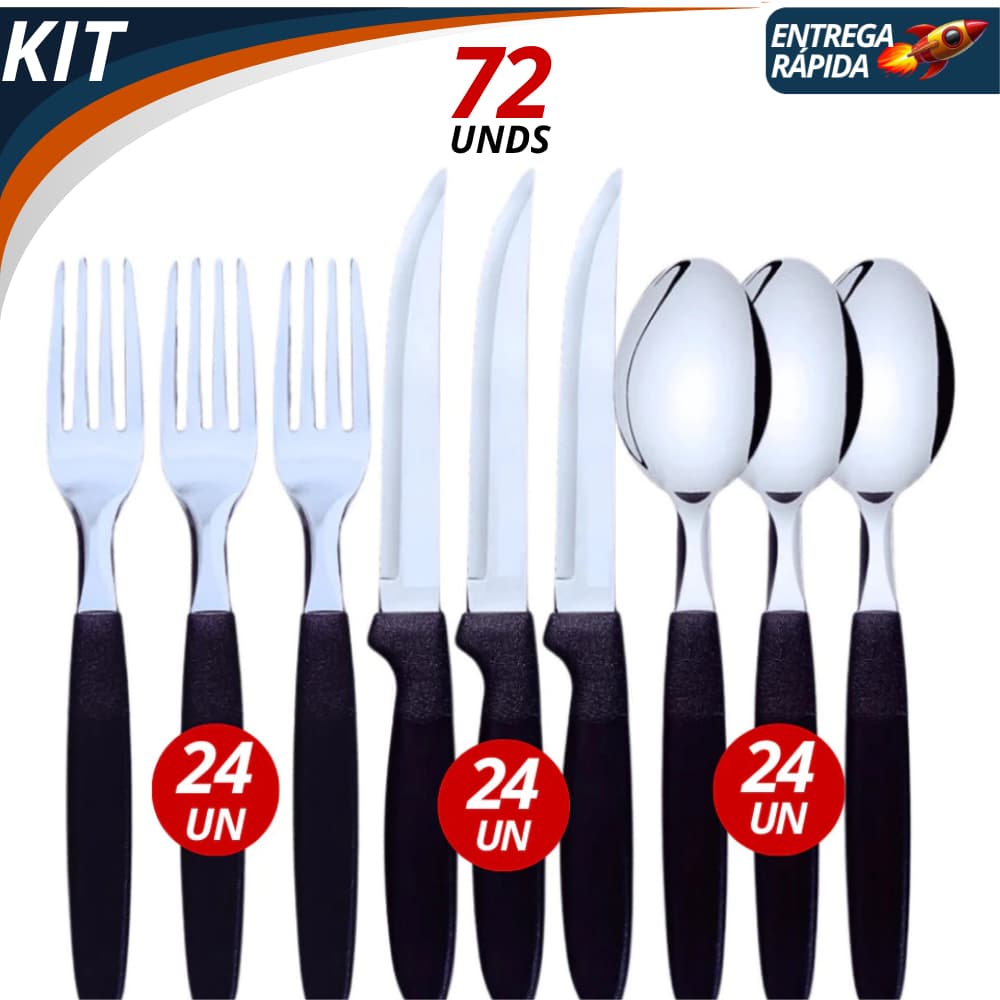 Conjunto de Talher 18/36/72 Peças Preto Inox Premium Para Casa Cozinha Festas Restaurantes