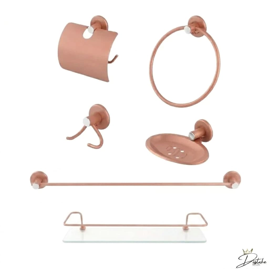 Kit Banheiro Rose Gold Luxo + Porta Shampoo Reto de Vidro