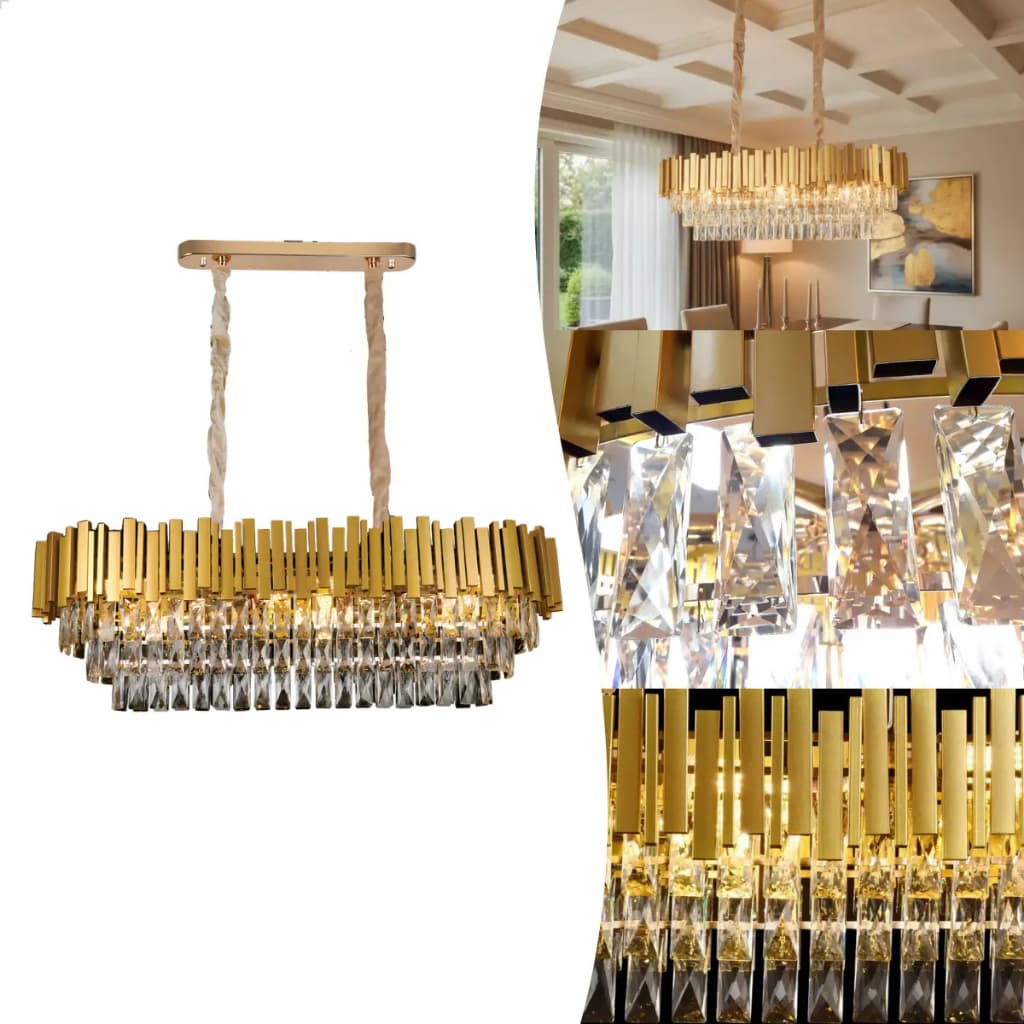 Lustre Pendente Teto Cristal E14 Metal Dourado Gold Retangular 100x35 Sala Quarto Jantar