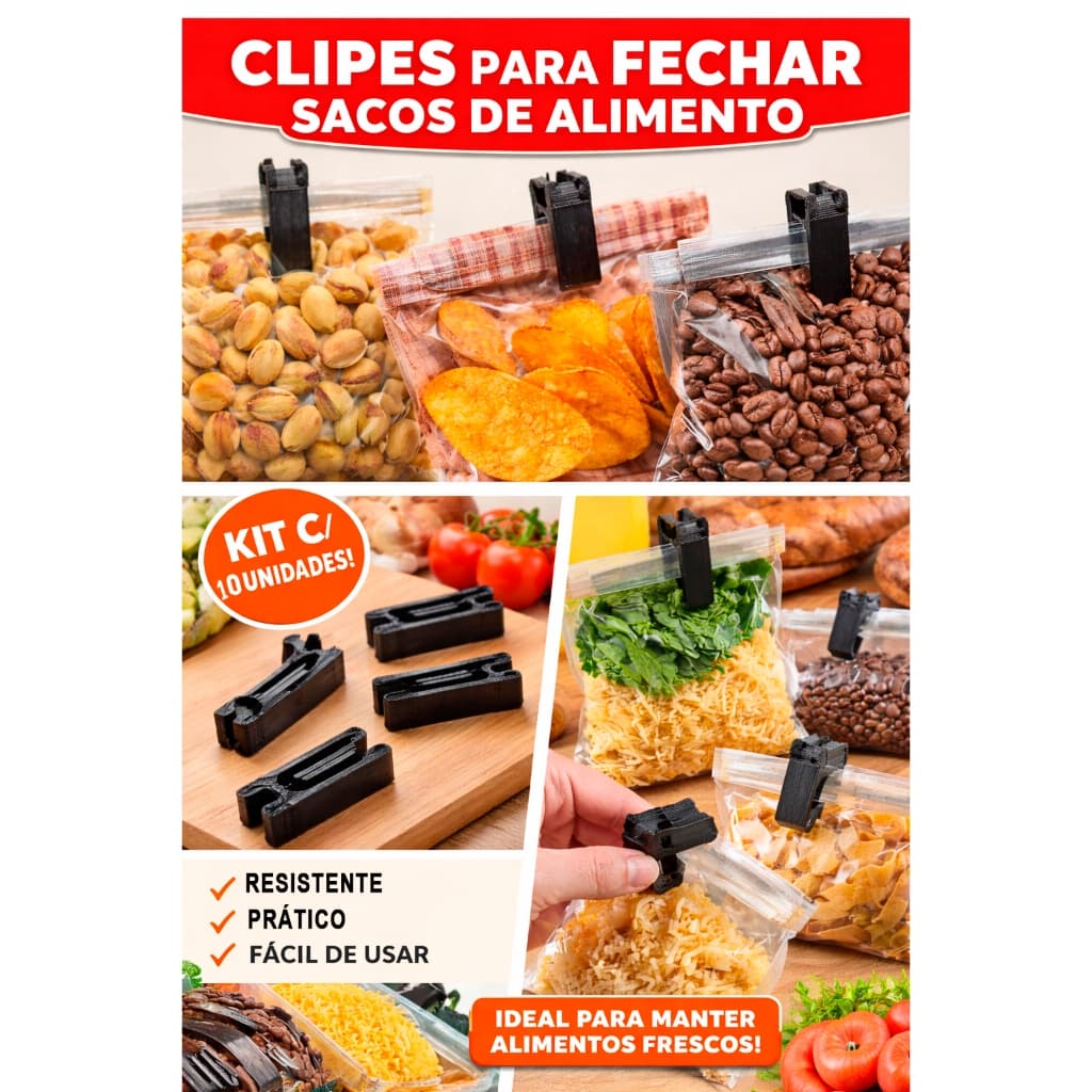 Pregadores Fecha Saco Kit com 4 Unidades Mantém Alimentos Frescos e Crocantes Organização Cozinha