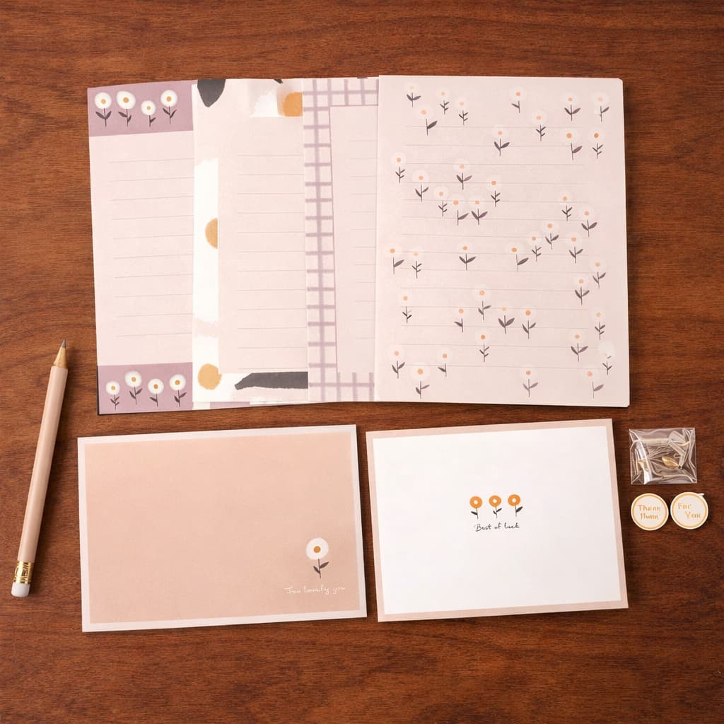 Kit Papel De Carta Estético Completo 4 Papéis + 2 Envelopes + 2 Adesivos + 2 Pingentes + 1 Laço