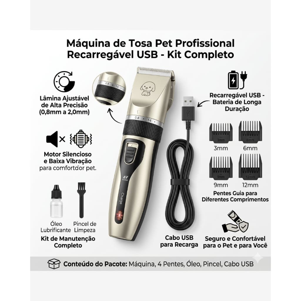Kit Máquina De Tosa Pet Profissional Cachorro Gato Sem Fio Bivolt Recarregável USB Completa
